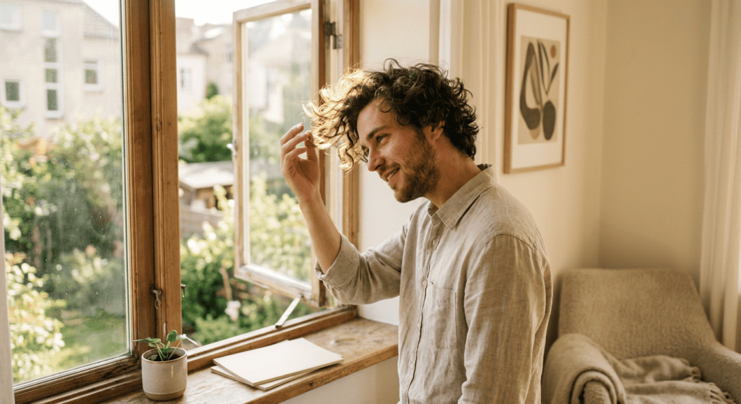 Professional photograph natural lighting high quality composition A man tilts