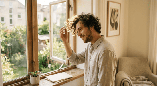 Professional photograph natural lighting high quality composition A man tilts